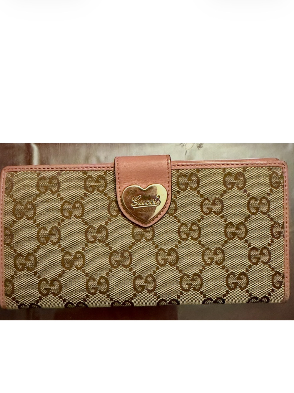 Gucci Brown GG Canvas Wallet with Pink Trim and Gold Heart Logo